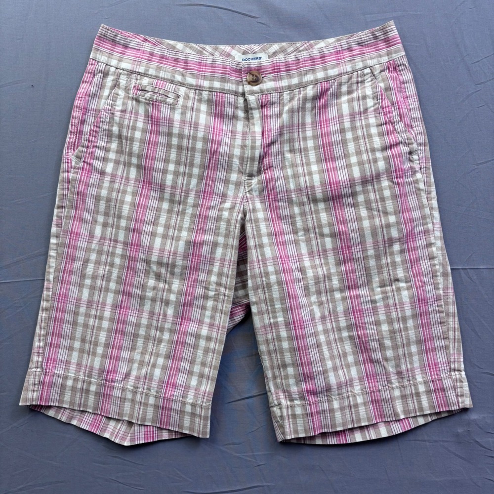 Dockers Womens Pink Tan Plaid Cotton Blend Flat Front Casual Shorts Size 6